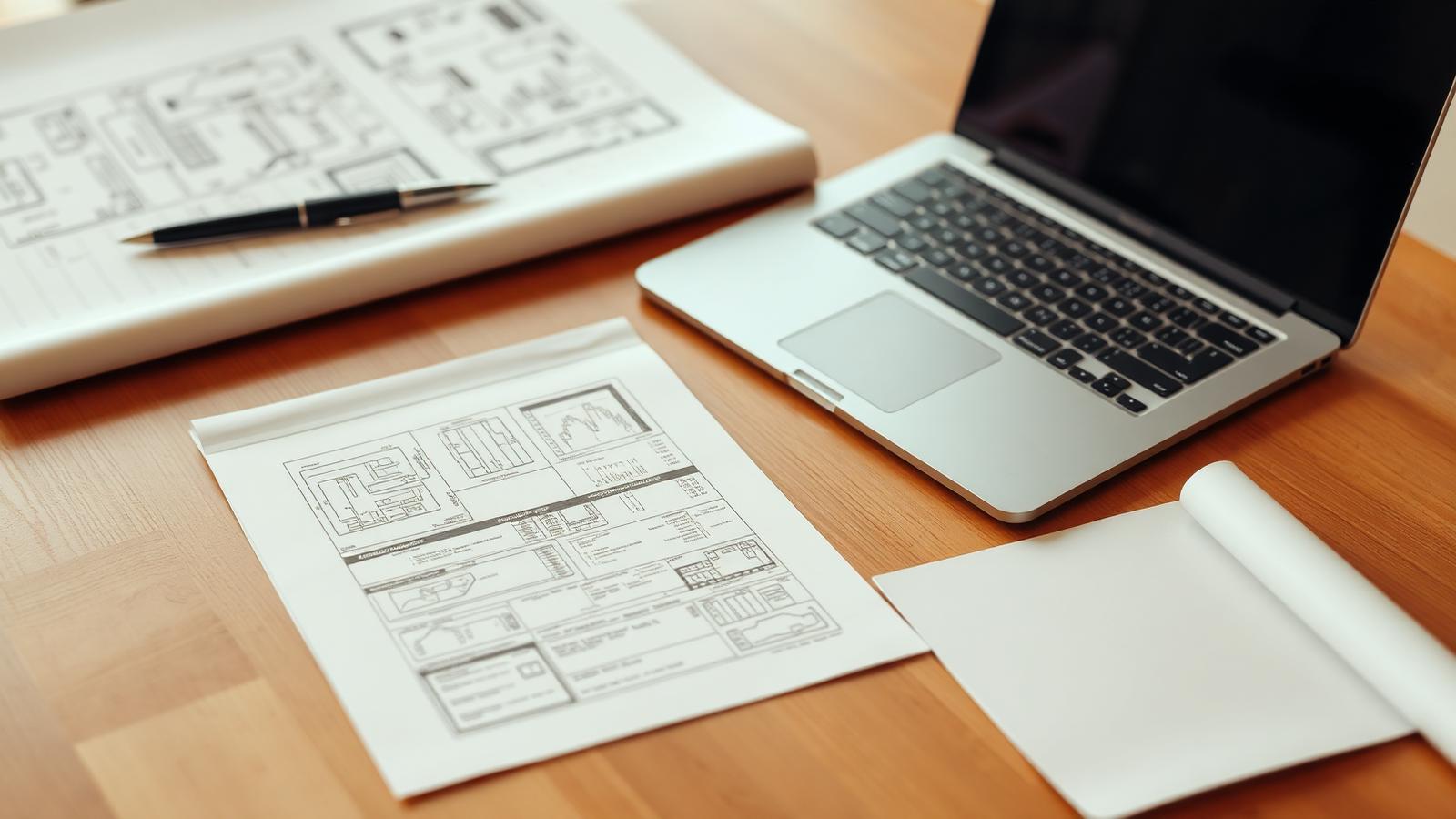Business paperwork, laptop and plans on a warm wooden table