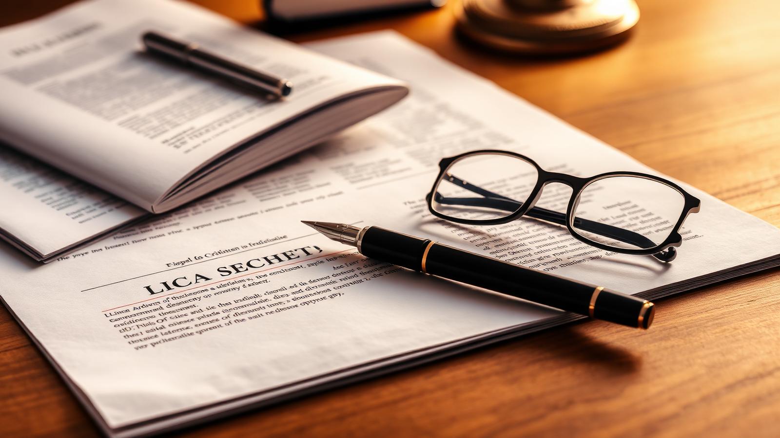 Legal documents, fountain pen and reading glasses on a wooden desk