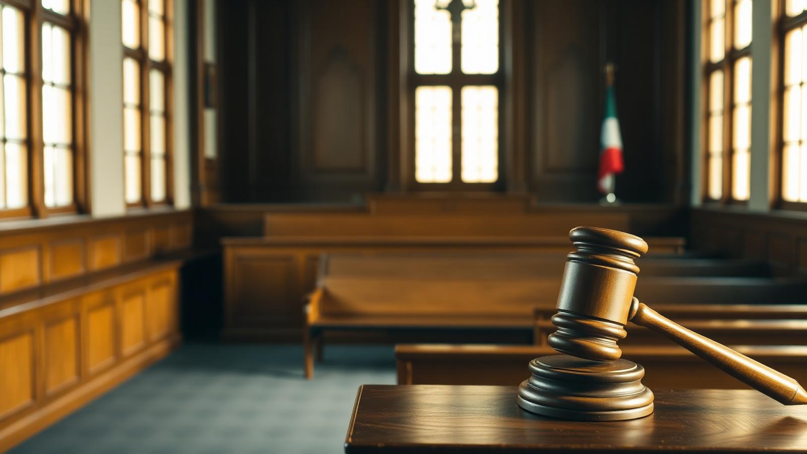 Empty courtroom with wooden benches in warm light