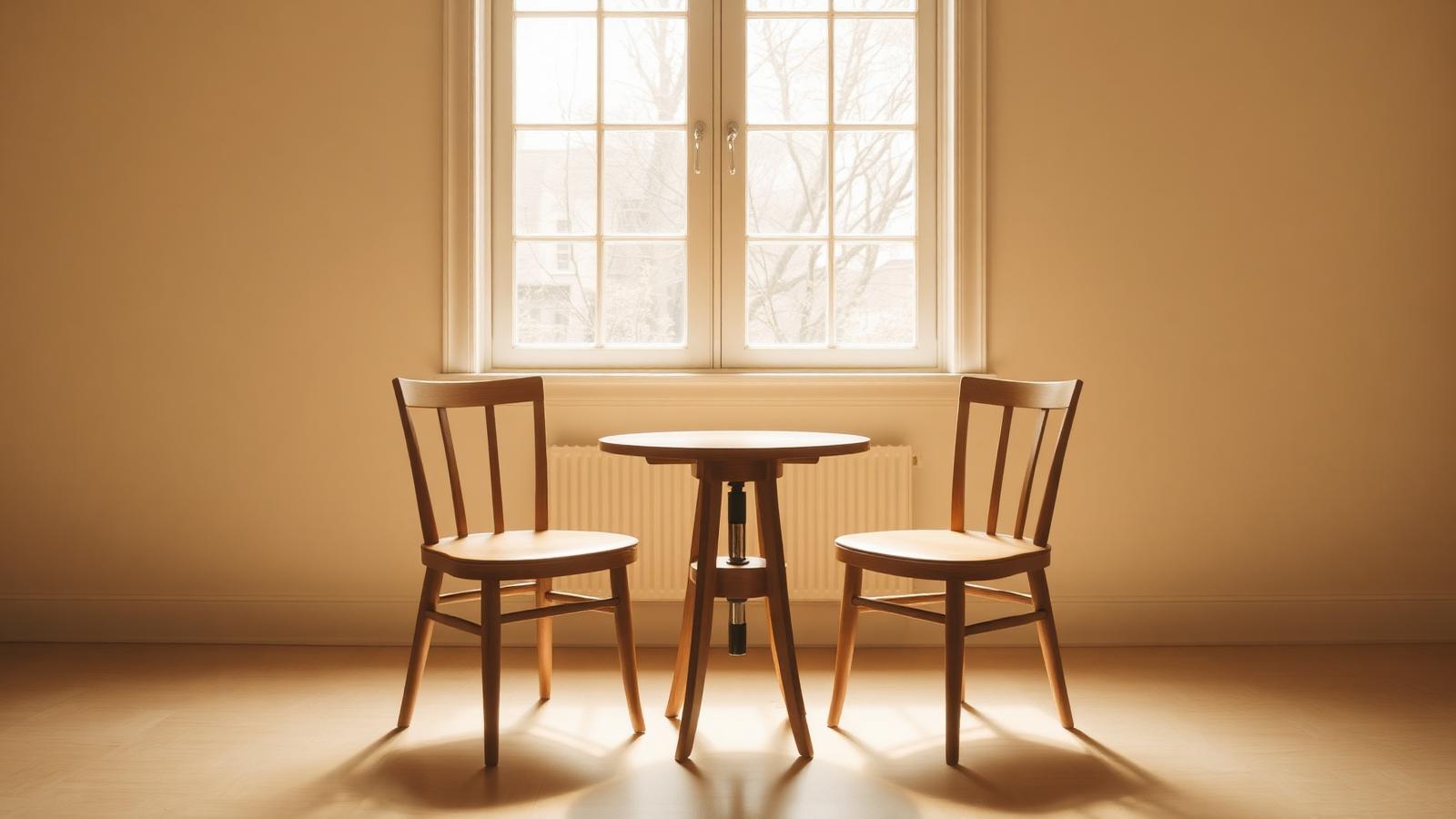 Two empty wooden chairs at a small table near a sunlit window