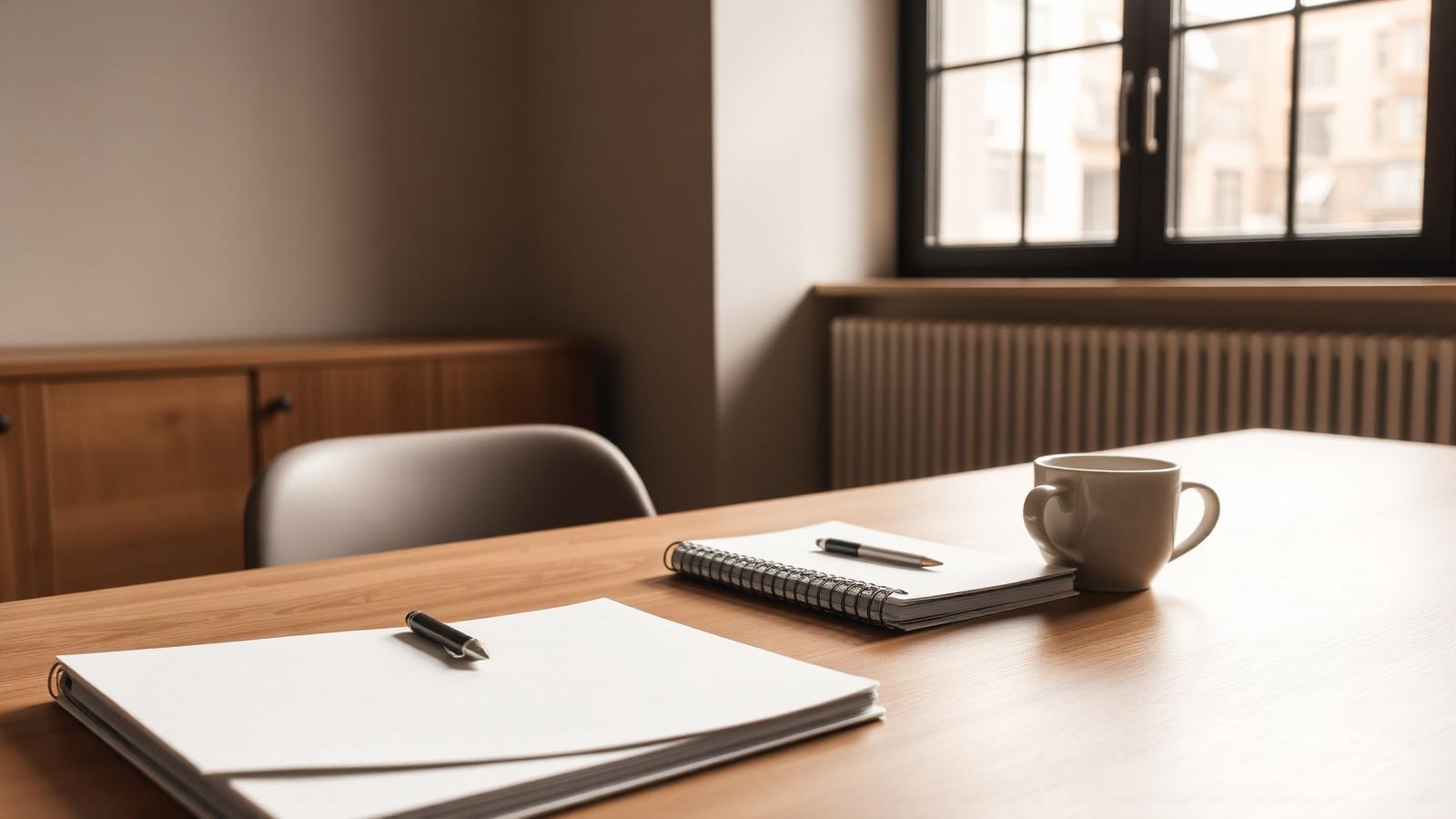 Empty office desk with notebook and coffee in warm window light